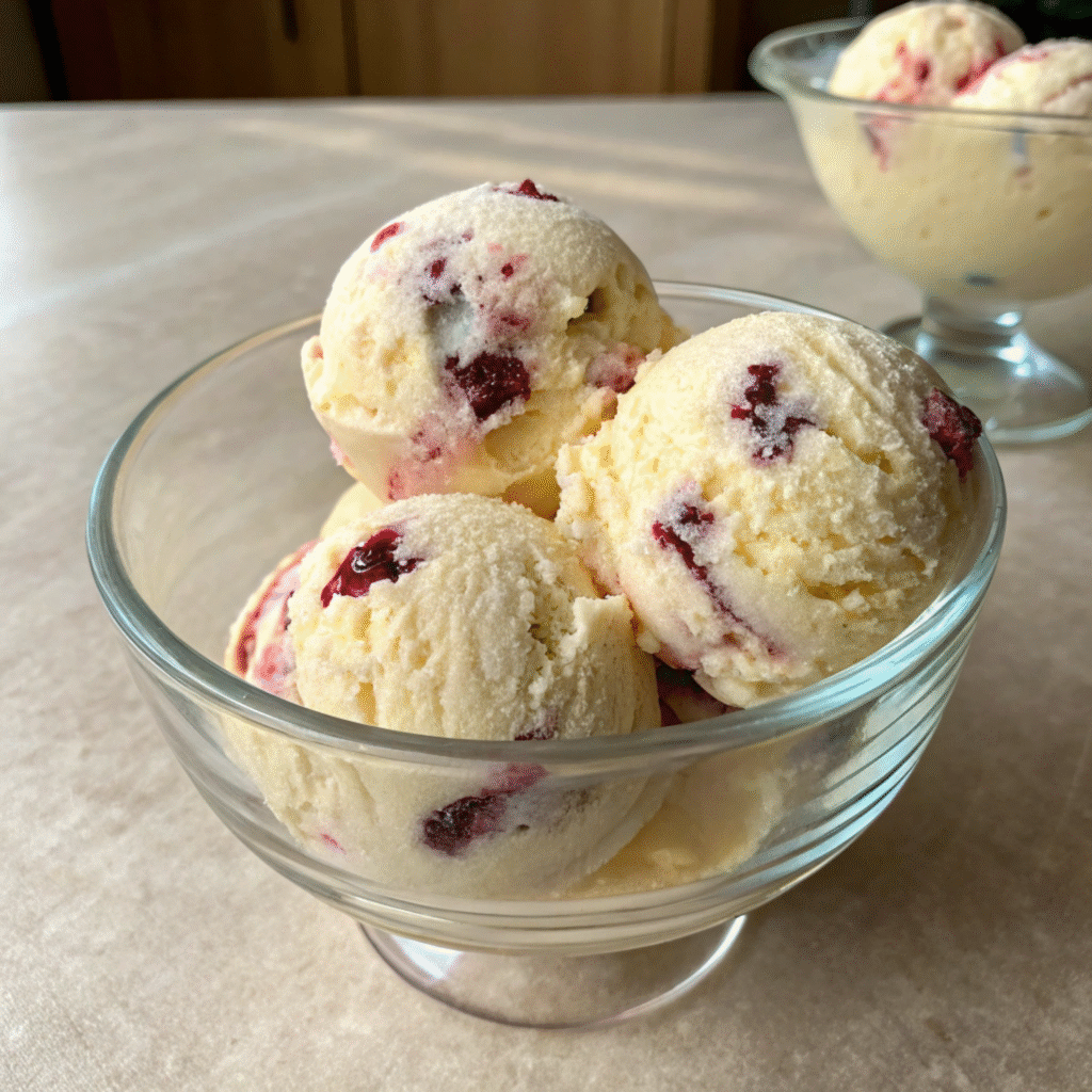 Scoops of creamy banana-berry ice cream with berry swirls in a glass bowl.