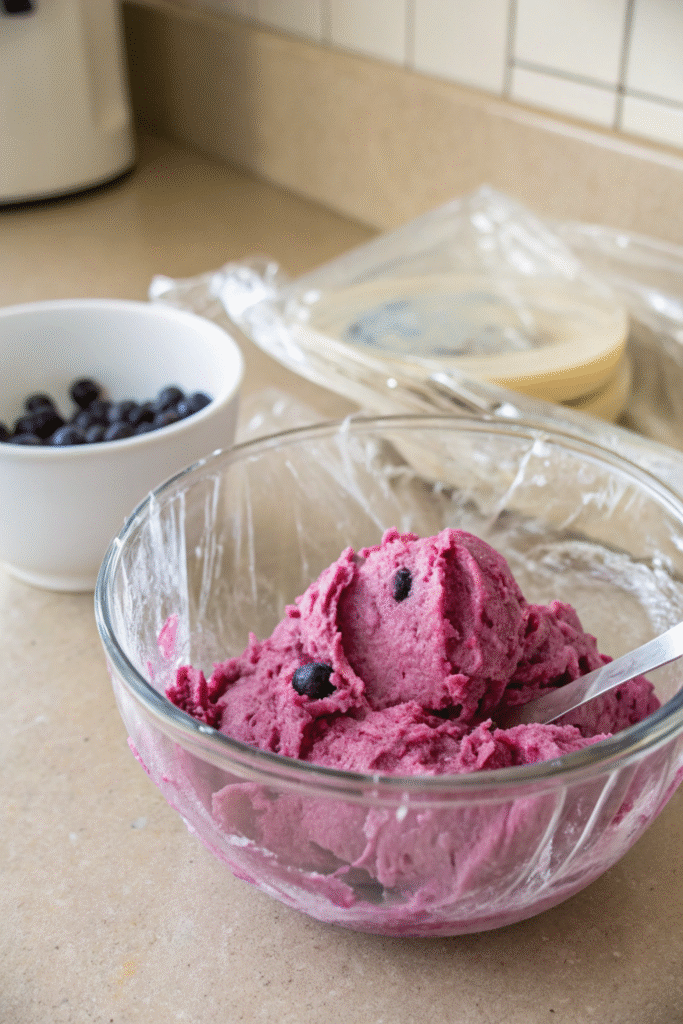 Chilled blueberry vegan ice cream mixture in a glass bowl.