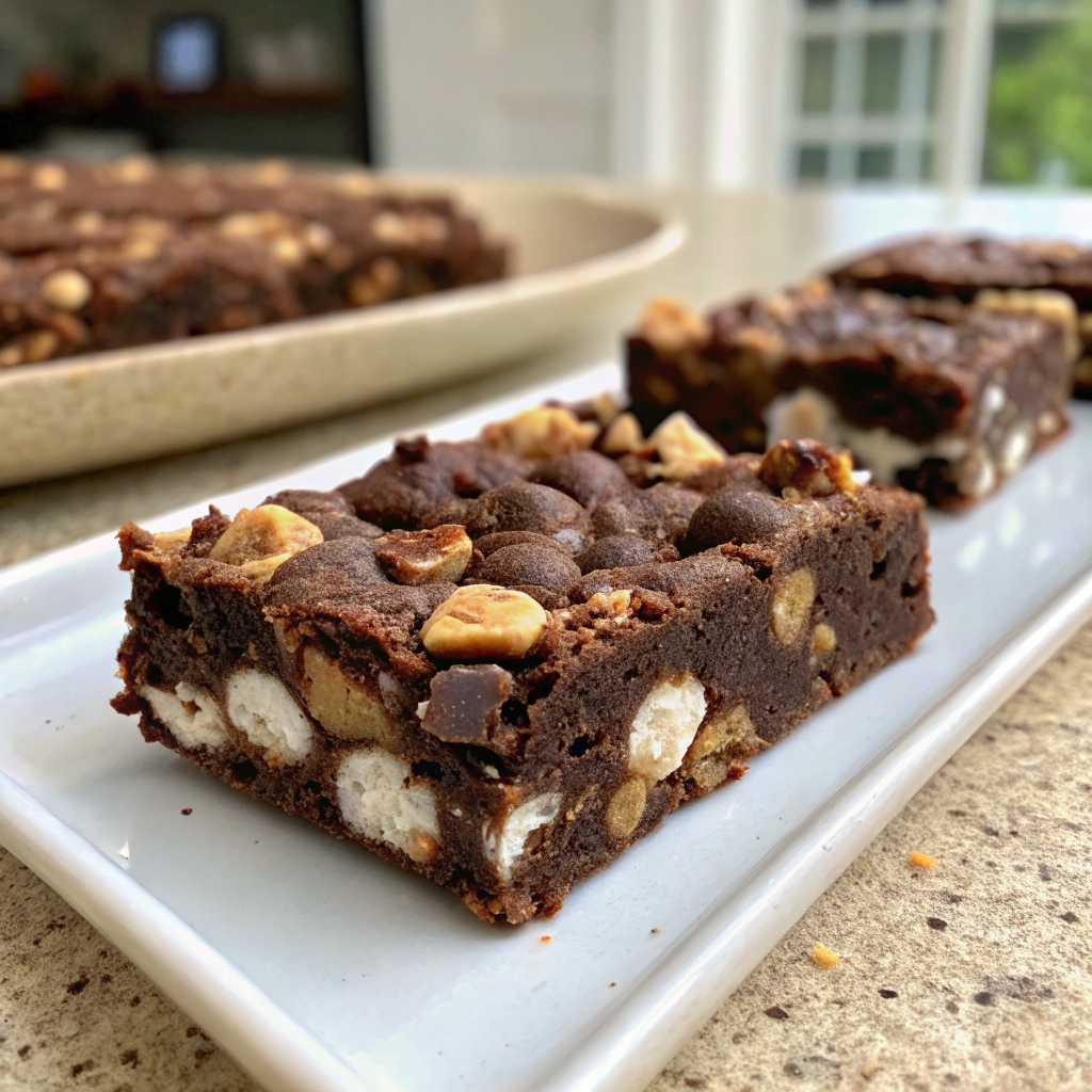 Rocky road ice cream bars with marshmallows and chocolate chunks on a white serving plate.