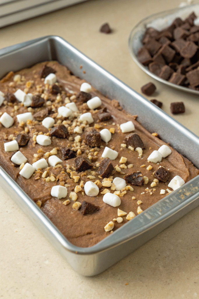 Rocky road vegan ice cream in a metal pan topped with marshmallows, nuts, and chocolate chunks.