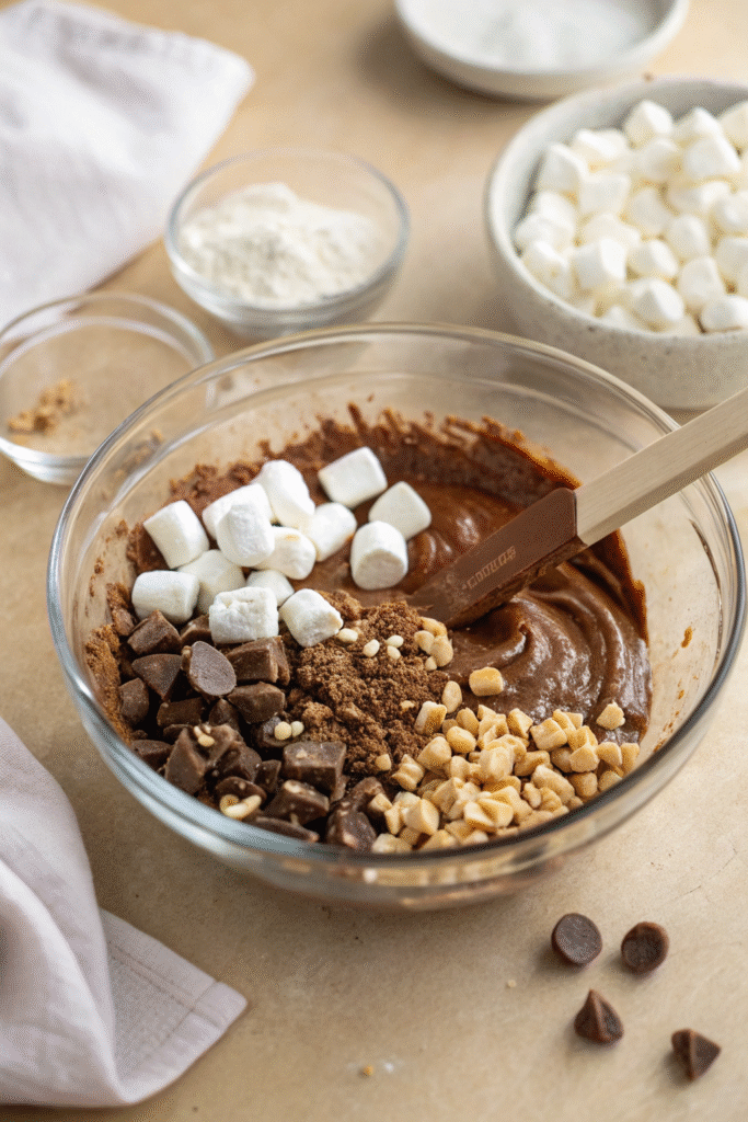 Chocolate coconut mixture in a glass bowl being stirred with a spoon.