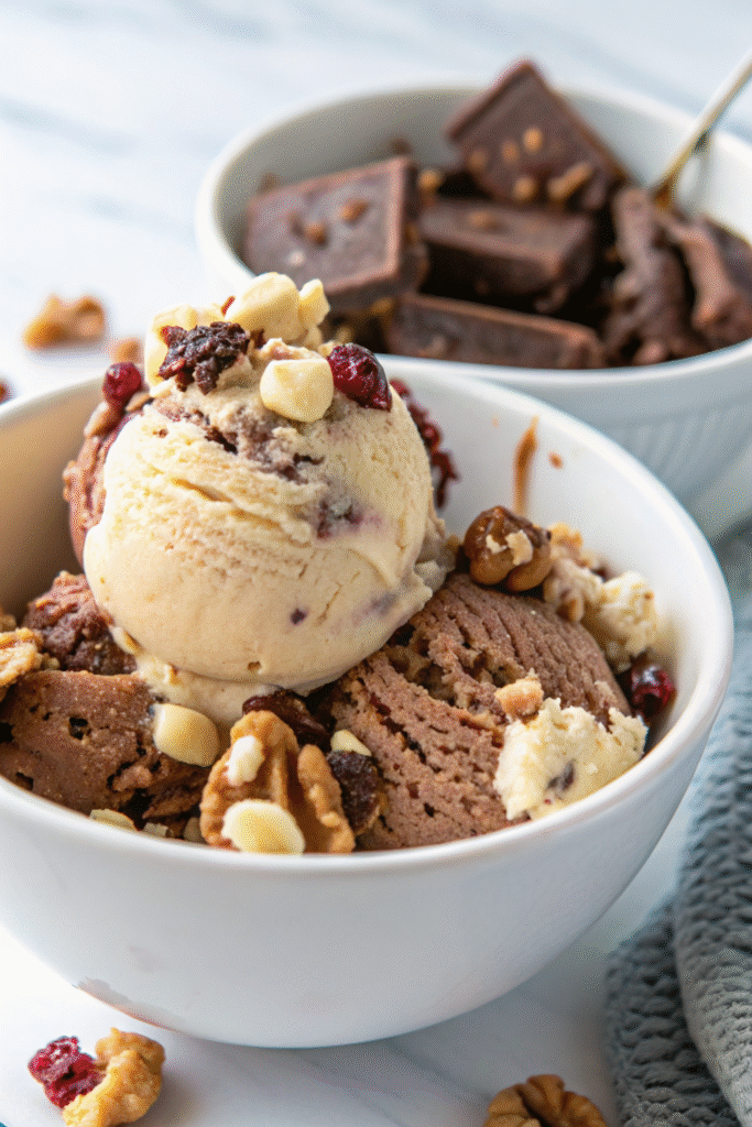 Scoops of rocky road vegan ice cream in a white bowl topped with marshmallows, chocolate chunks, and nuts.