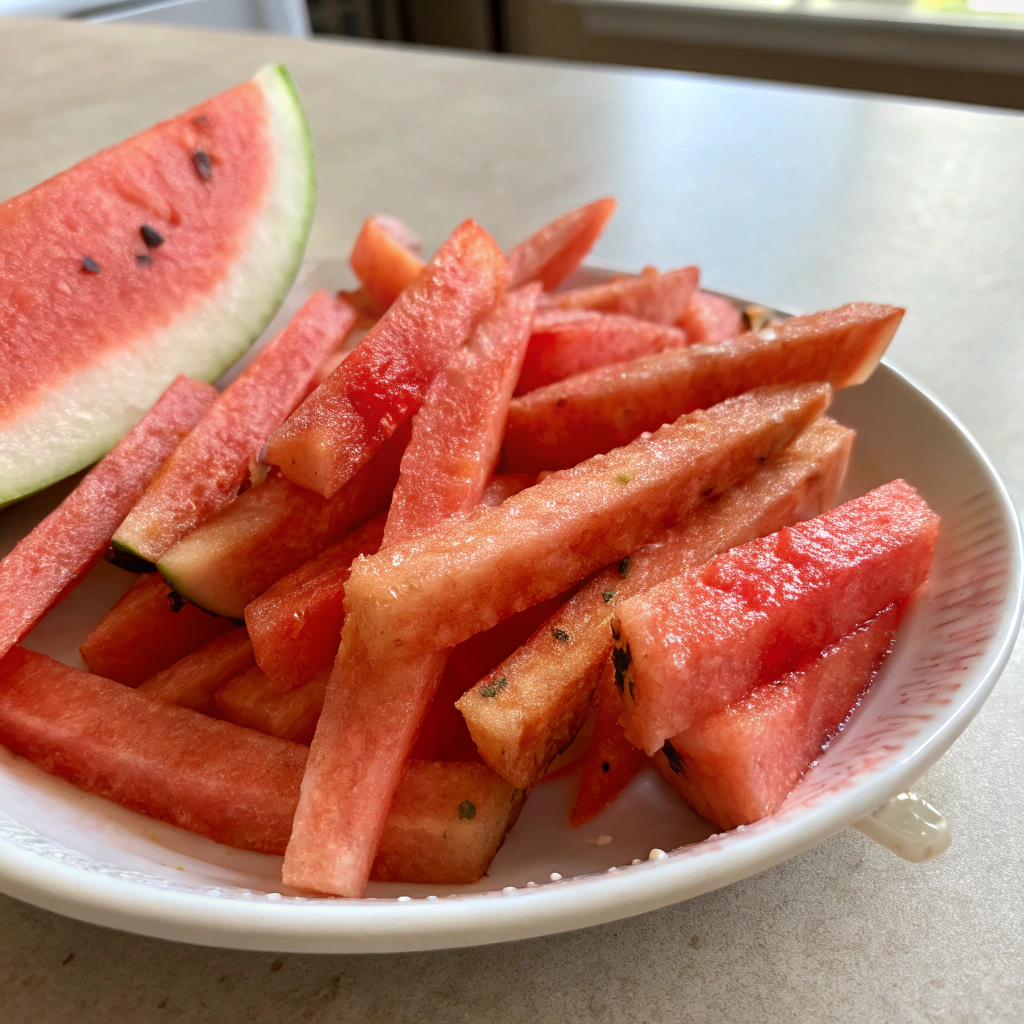 Watermelon Fries with Coconut Lime Dip served with a fresh wedge on a white plate