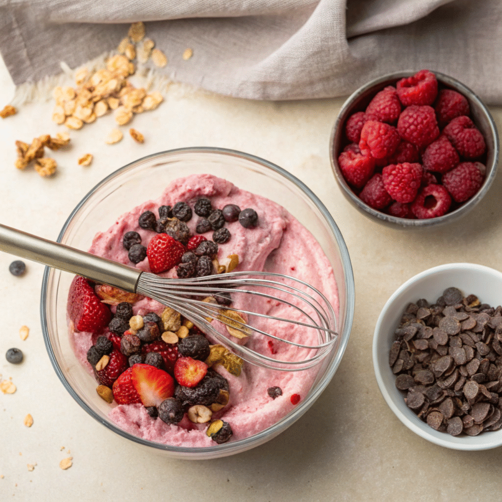 Bowl of vegan berry ice cream mixture topped with berries, nuts, and chocolate chips.
