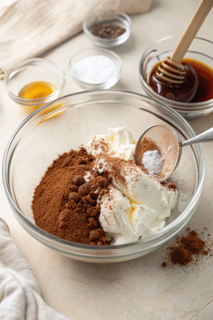 Cocoa powder, vanilla, and other ingredients being added to whipped coconut cream in a glass bowl.