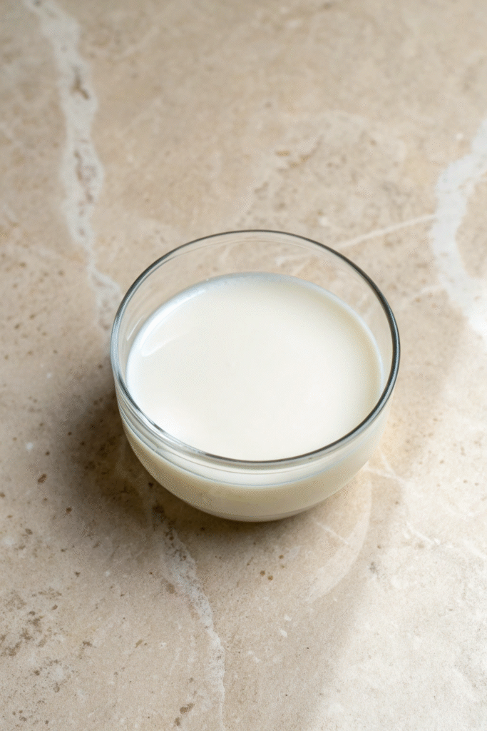 A clear glass bowl filled with almond milk on a beige stone surface.