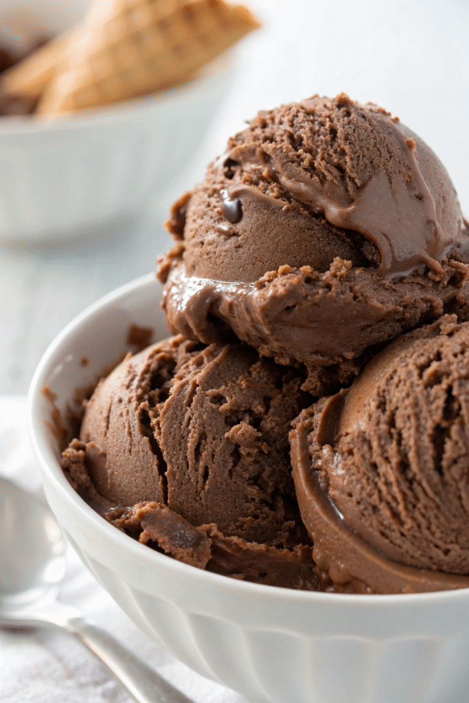Scoops of creamy vegan chocolate ice cream in a white ceramic bowl.