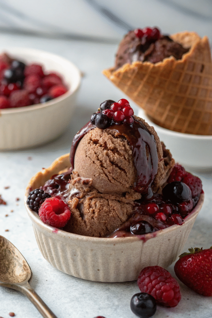 Chocolate vegan ice cream scoops in a bowl topped with mixed berries and chocolate sauce.