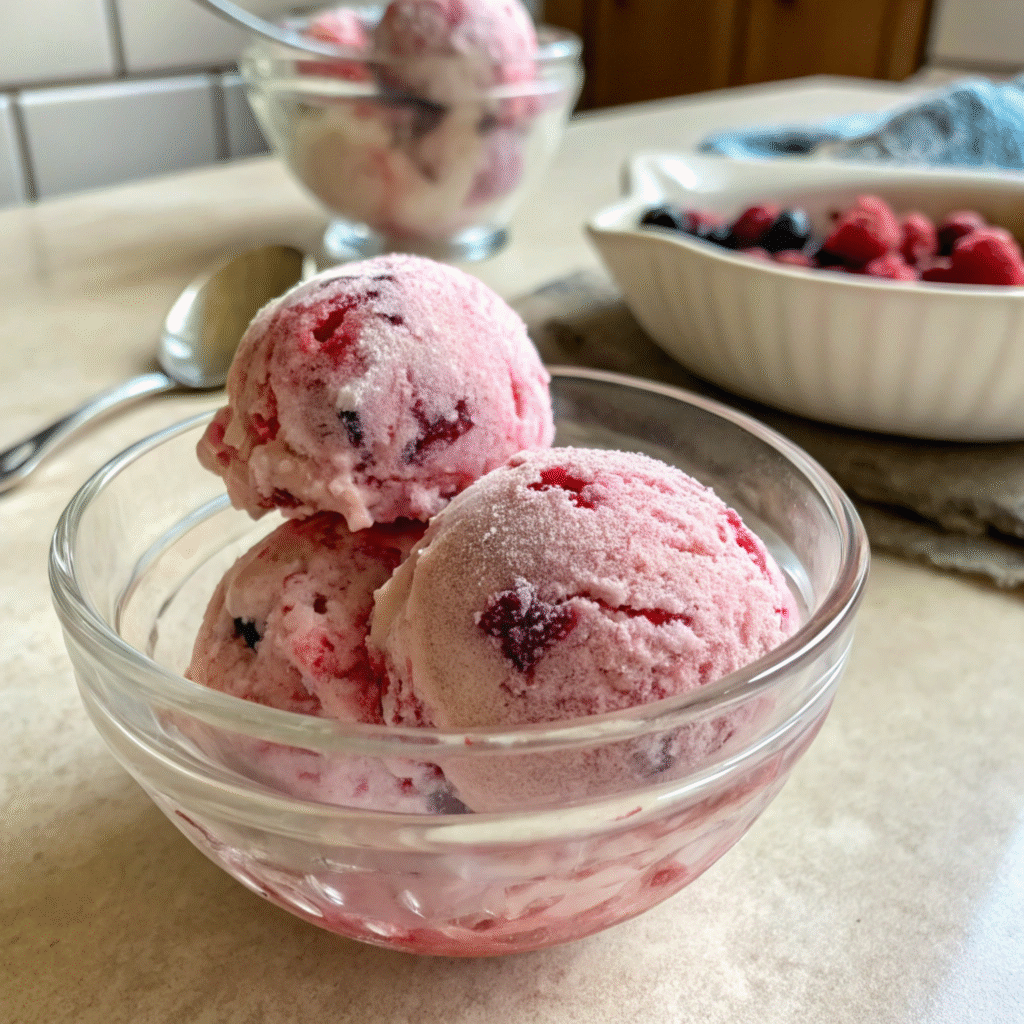 Scoops of berry fusion ice cream with mixed berry chunks in a glass bowl.