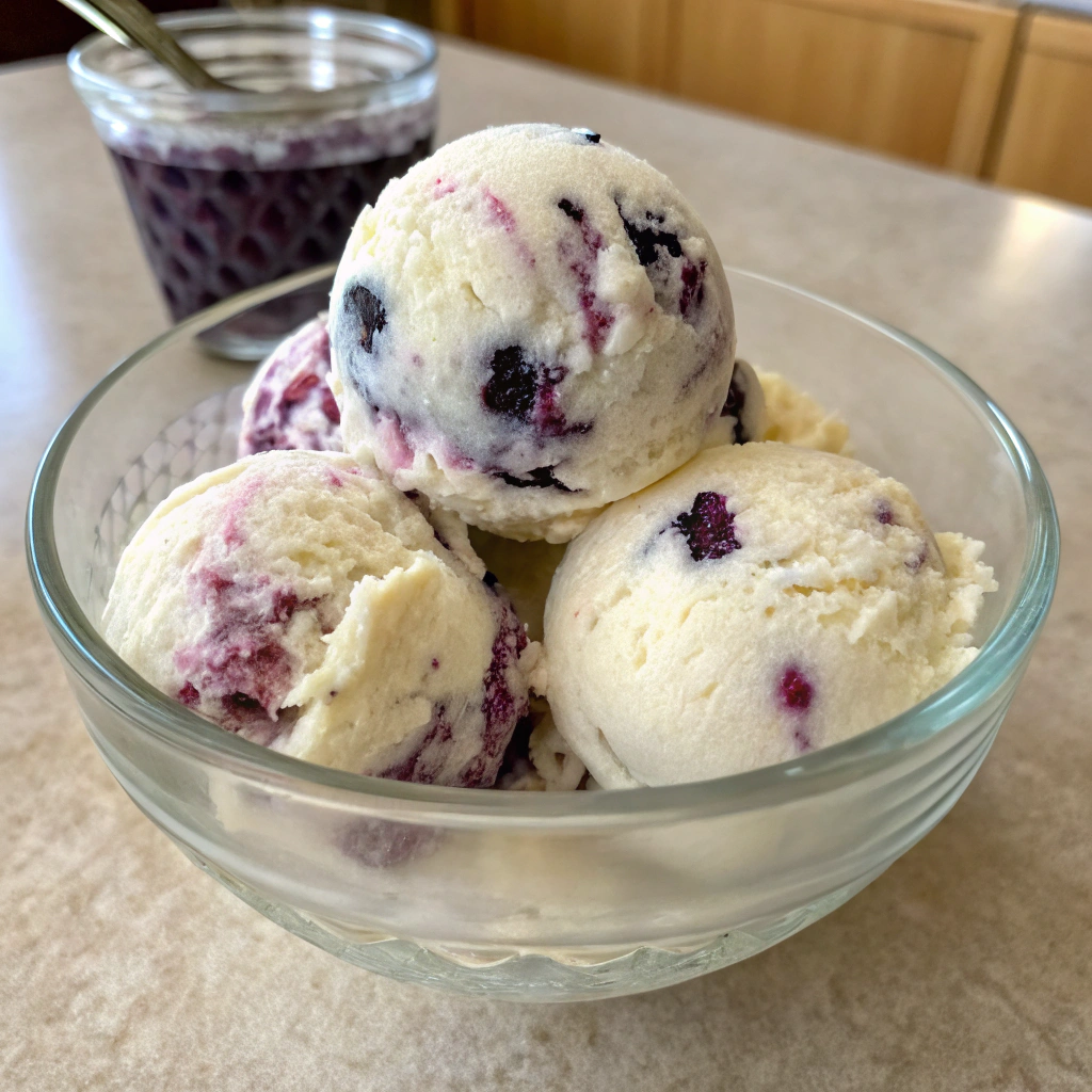 Scoops of creamy vanilla ice cream with blueberry swirls in a glass bowl.