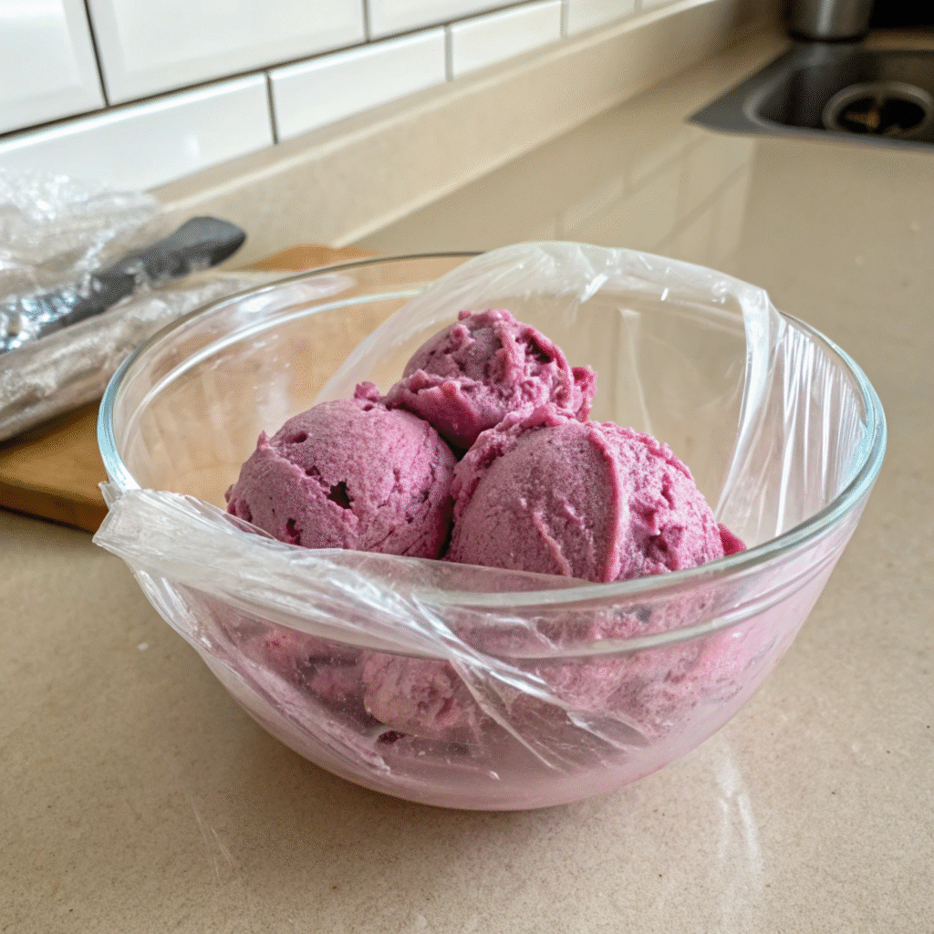 Glass bowl with scoops of vegan berry ice cream covered with plastic wrap.