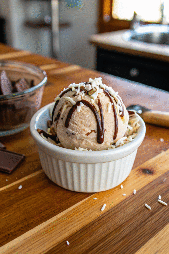 Scoop of chocolate coconut vegan ice cream topped with shredded coconut and chocolate drizzle in a white ramekin