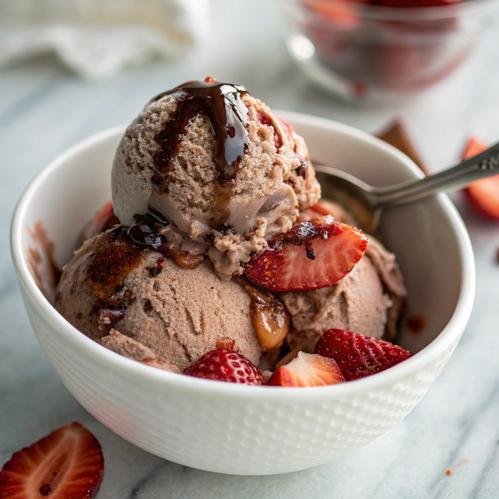 Vegan chocolate ice cream with strawberry slices and chocolate syrup in a white bowl