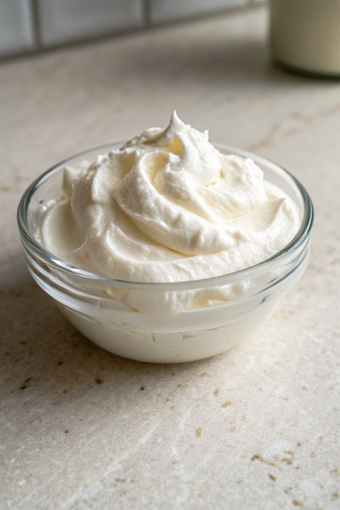 A glass bowl filled with whipped coconut cream on a beige countertop.