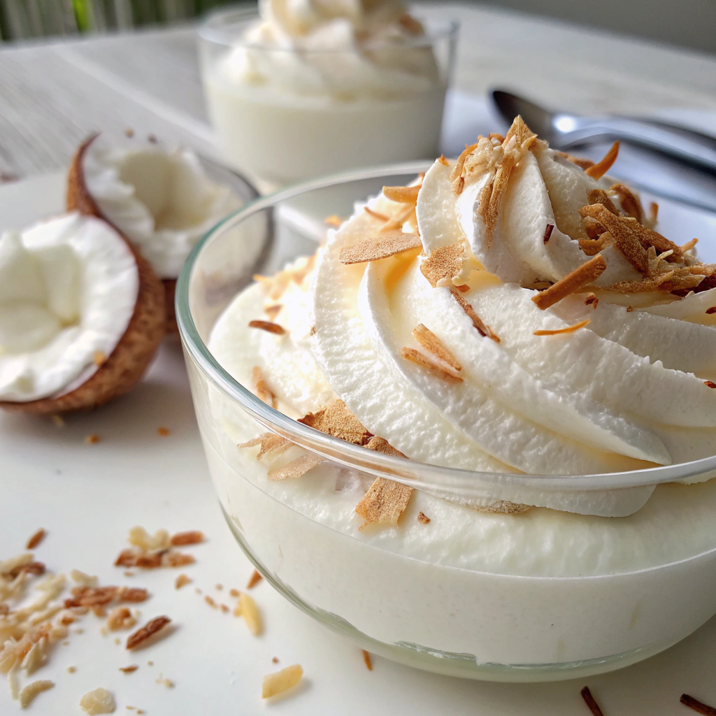 Fluffy whipped coconut cream in a glass cup topped with toasted coconut flakes