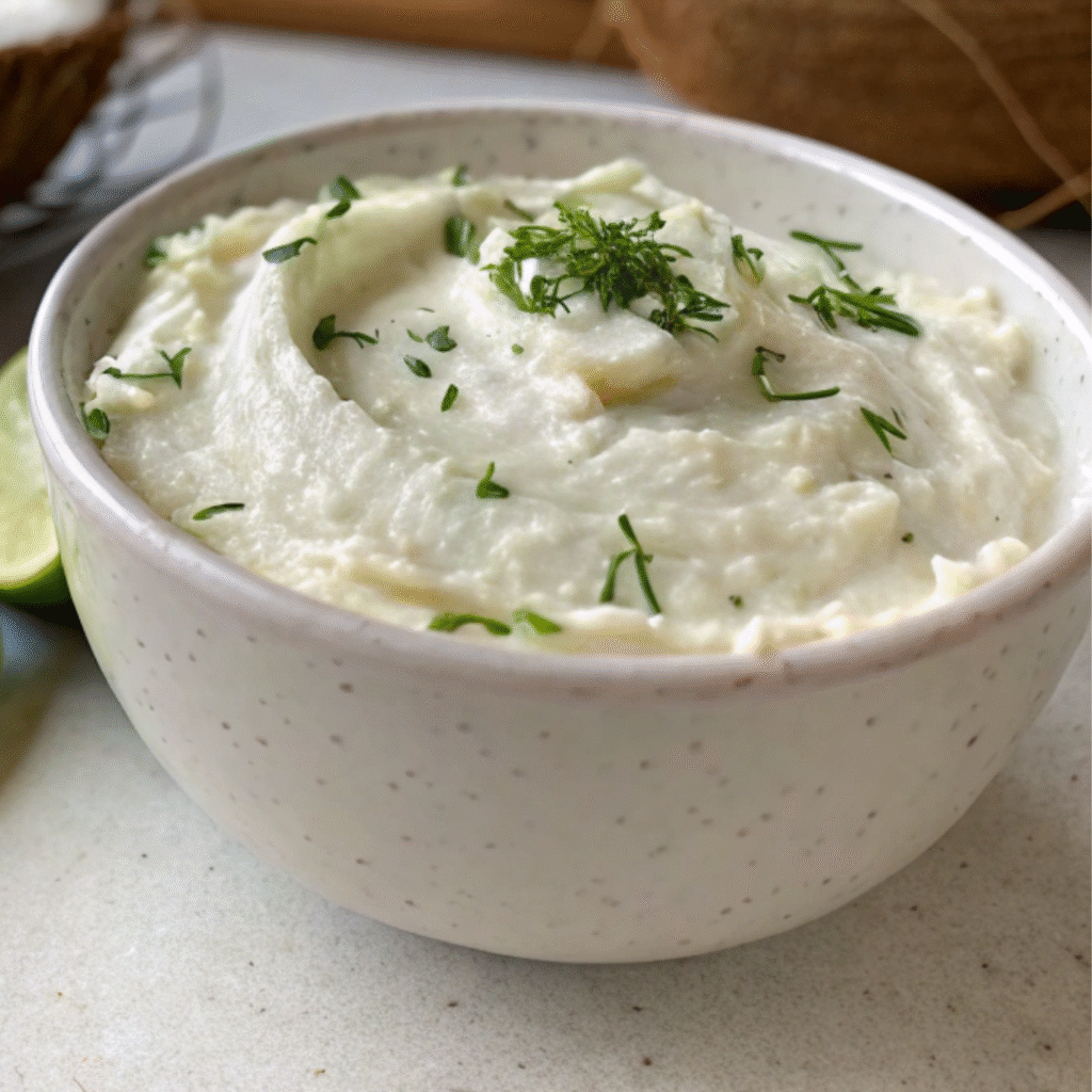 Creamy Coconut Lime Dip garnished with herbs for Watermelon Fries