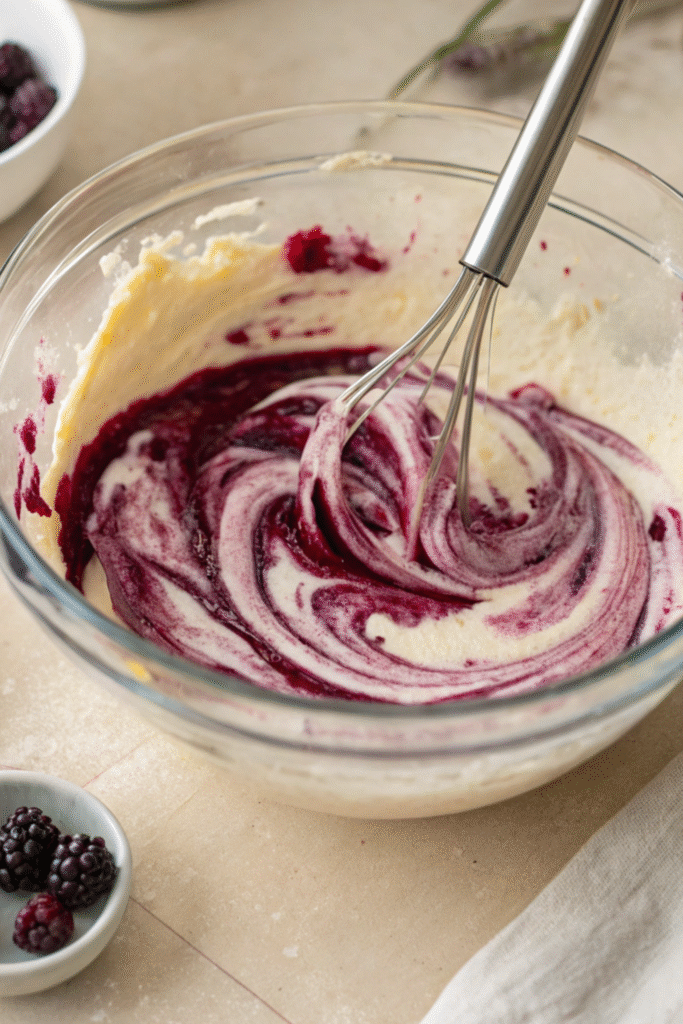 Blackberry puree being swirled into a creamy ice cream base in a glass bowl.