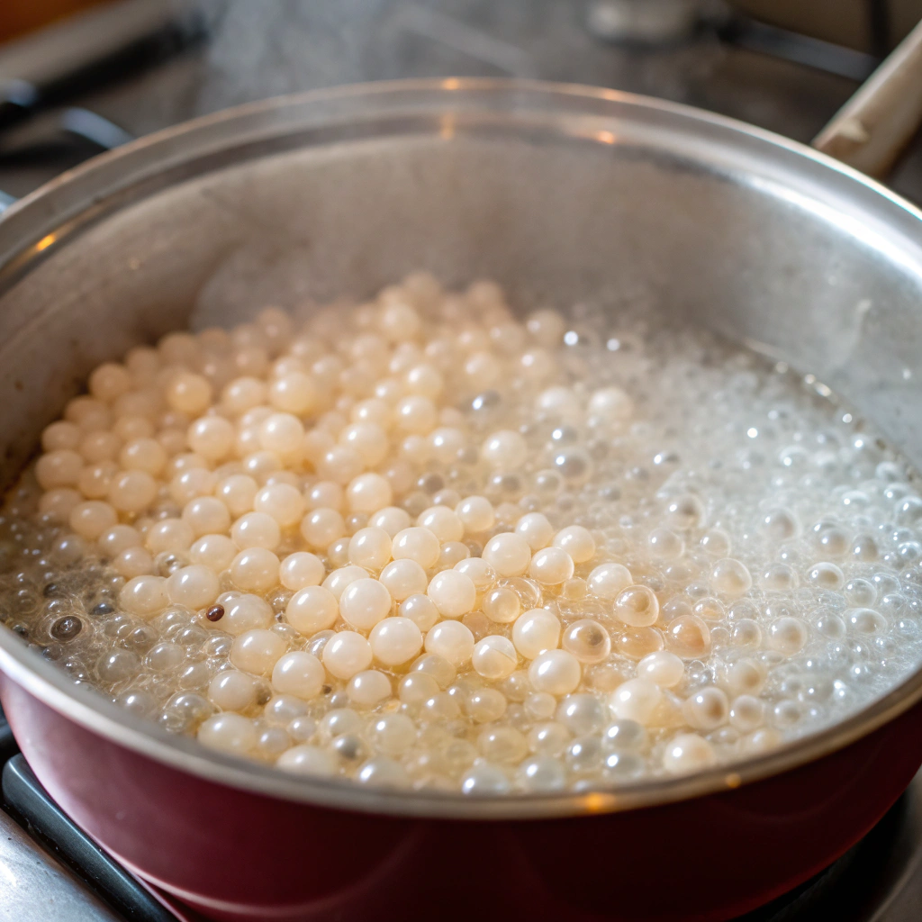 Cooking sago pearls for mango sago dessert