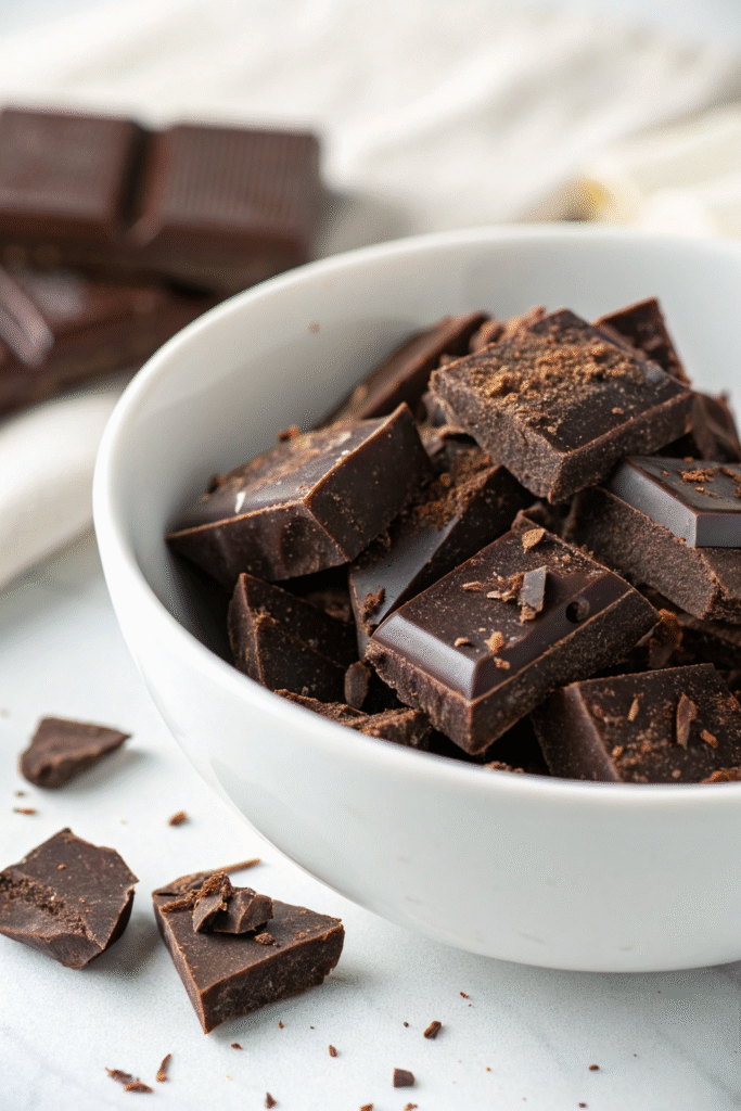 Close-up of dark chocolate chunks in a white bowl on a marble surface