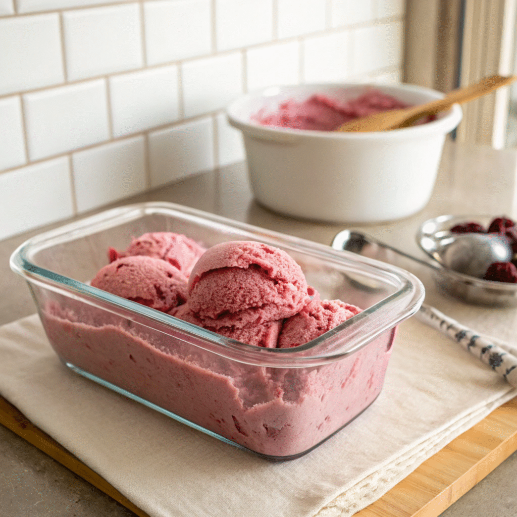 Vegan berry ice cream scoops in a glass container after final freezing.