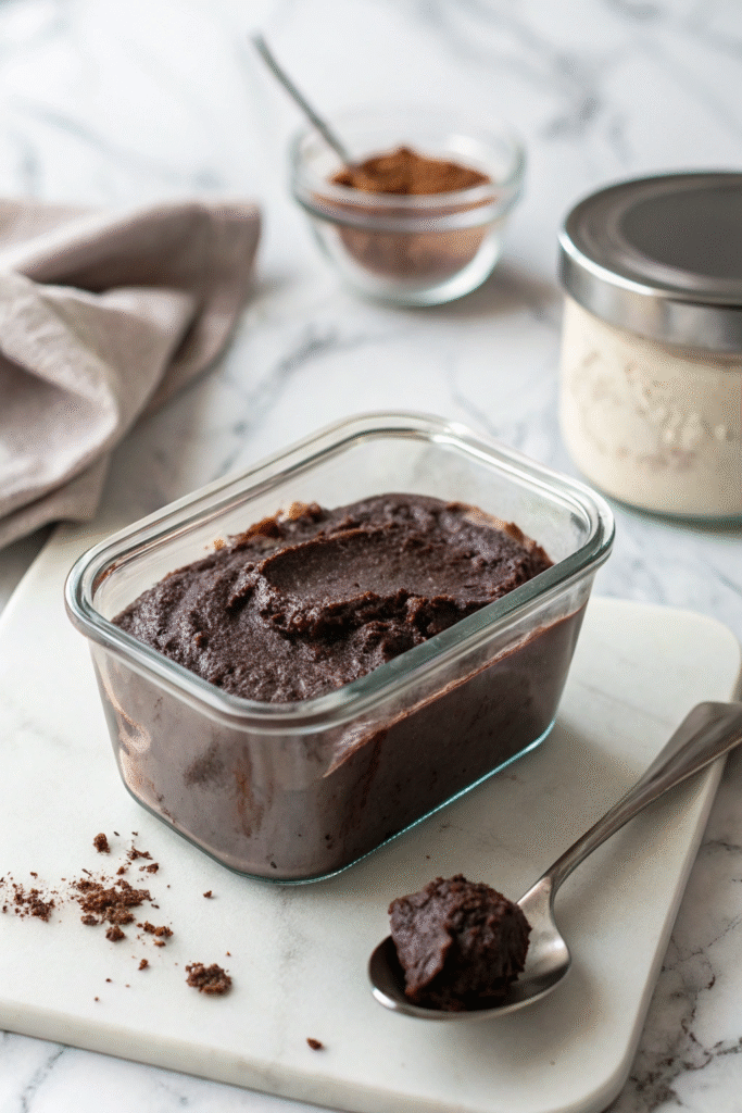 Vegan ice cream mixture spread in a glass container, ready to freeze.