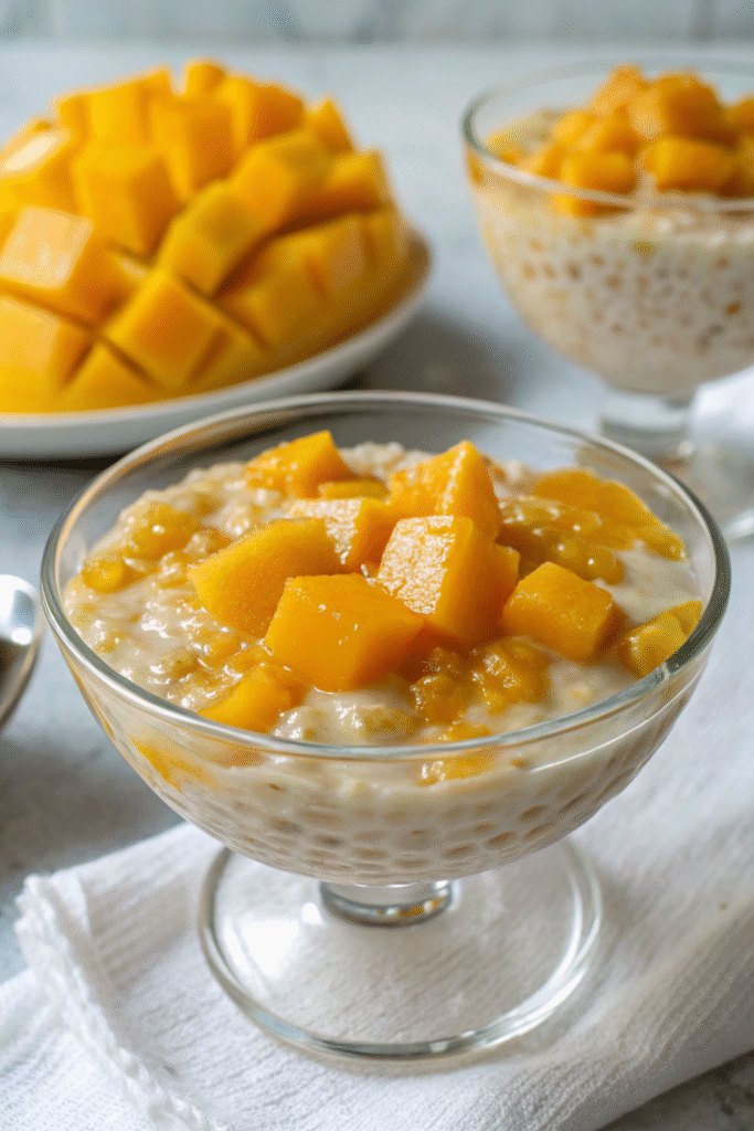 Chilled mango sago dessert in a glass cup topped with frozen mango chunks, served on a white napkin