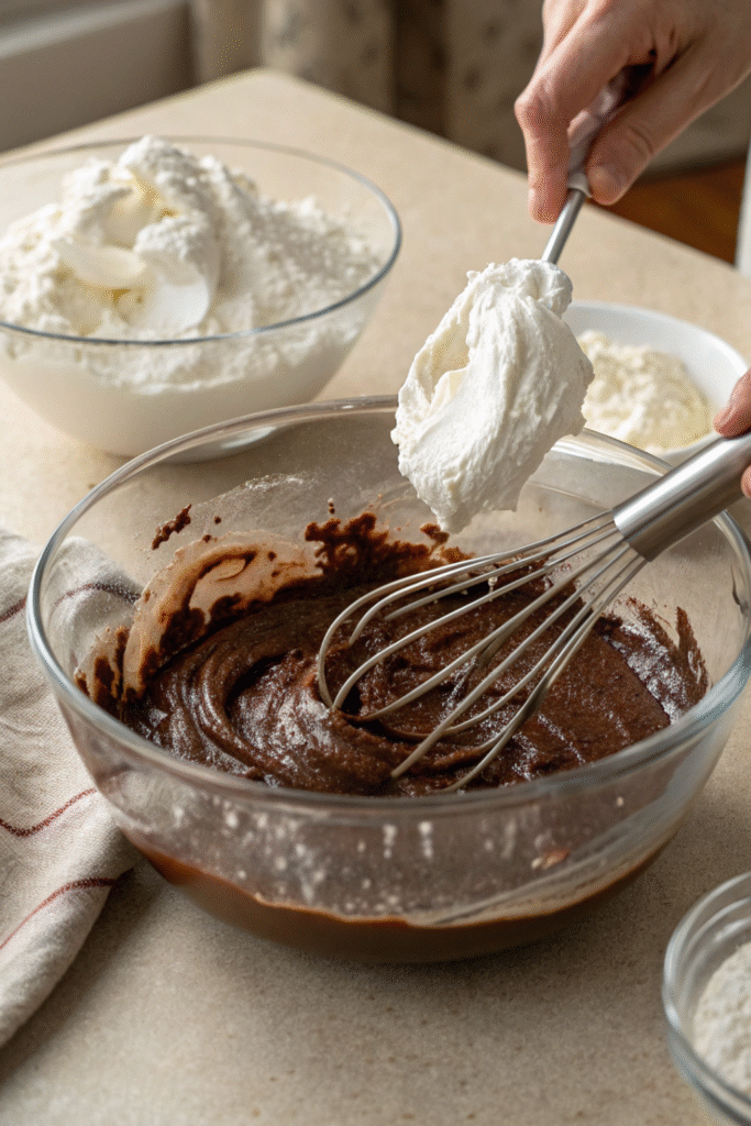 Whipped cream being folded into a bowl of rich cocoa mixture with a whisk.