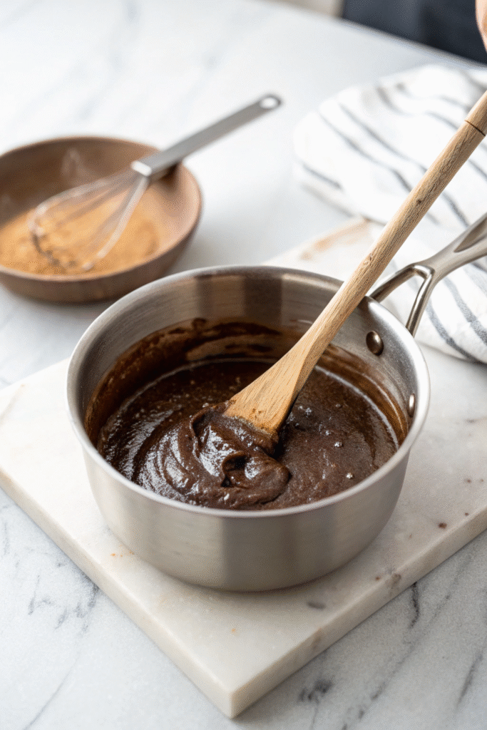 Thick vegan mixture being stirred in a saucepan on a marble counter.