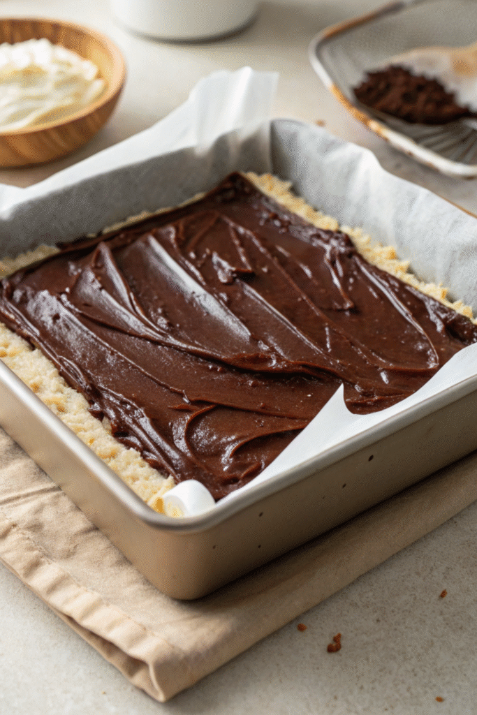 Chocolate layer spread over coconut base in a baking pan.