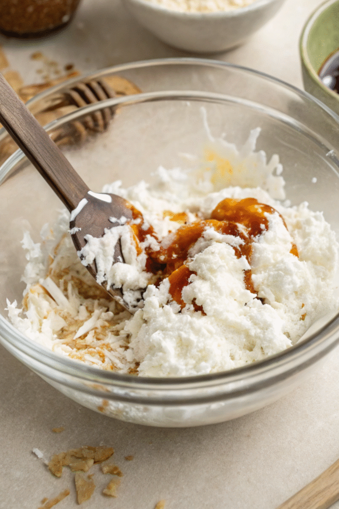 Mixing shredded coconut and syrup in a glass bowl.