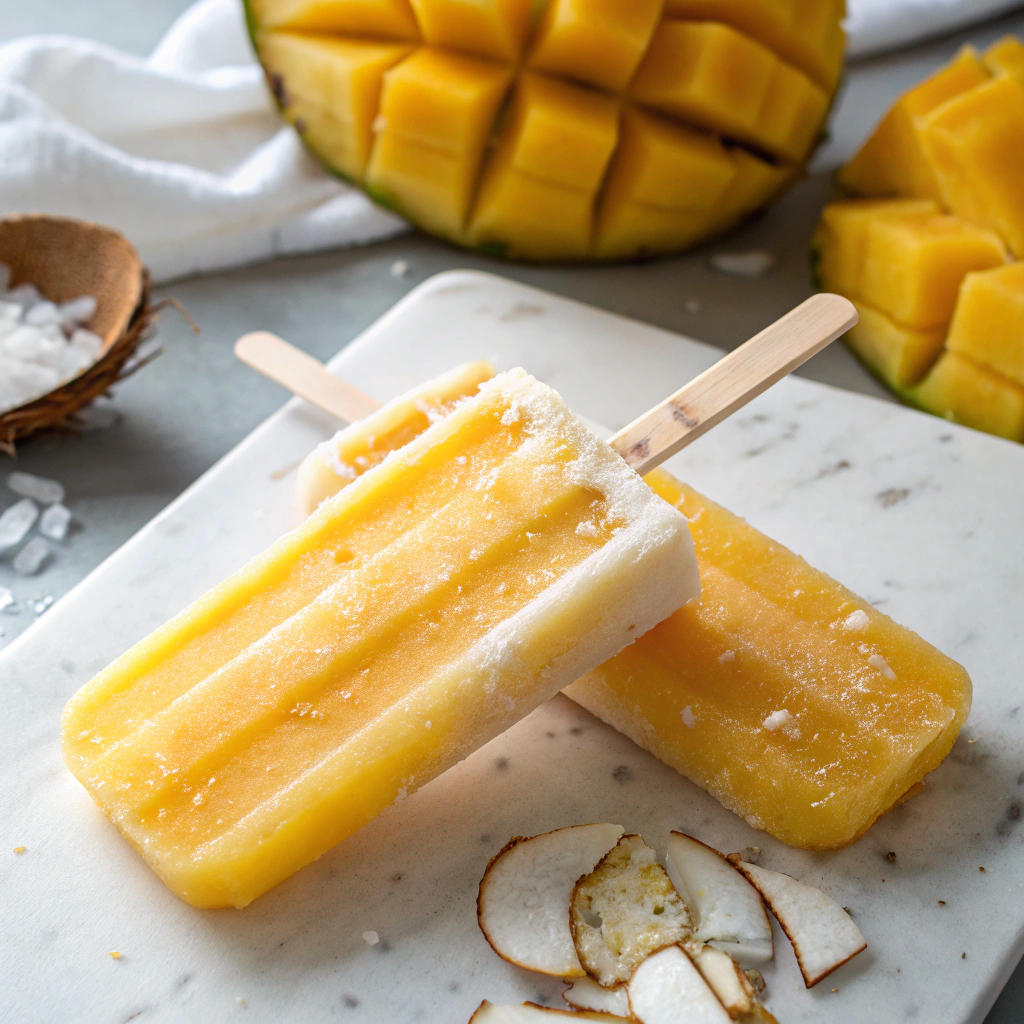 Two mango and coconut popsicles on a marble board with fresh mango chunks and coconut flakes in the background