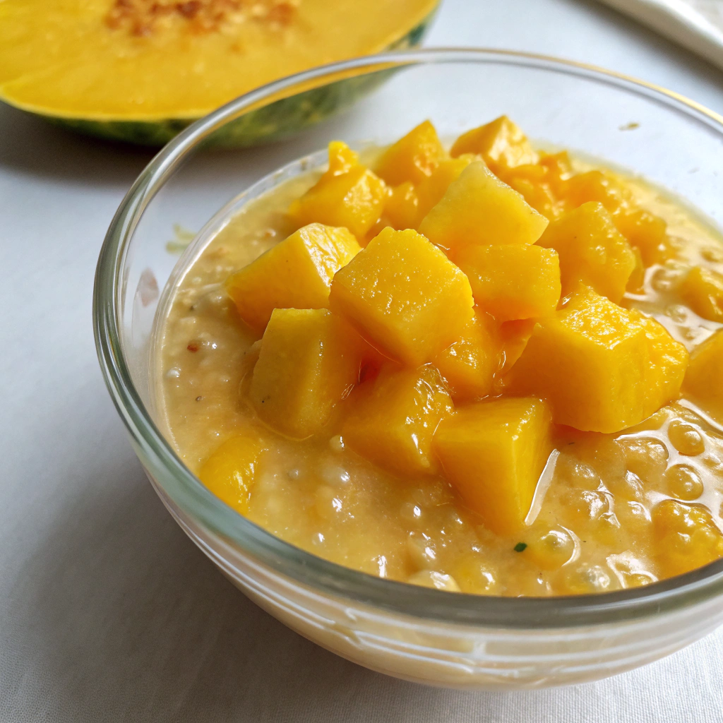 Mango sago dessert with coconut milk and ripe mango