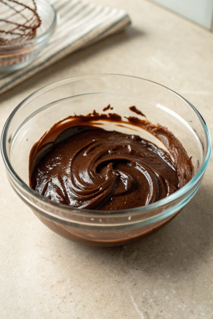 Smooth melted chocolate in a glass bowl