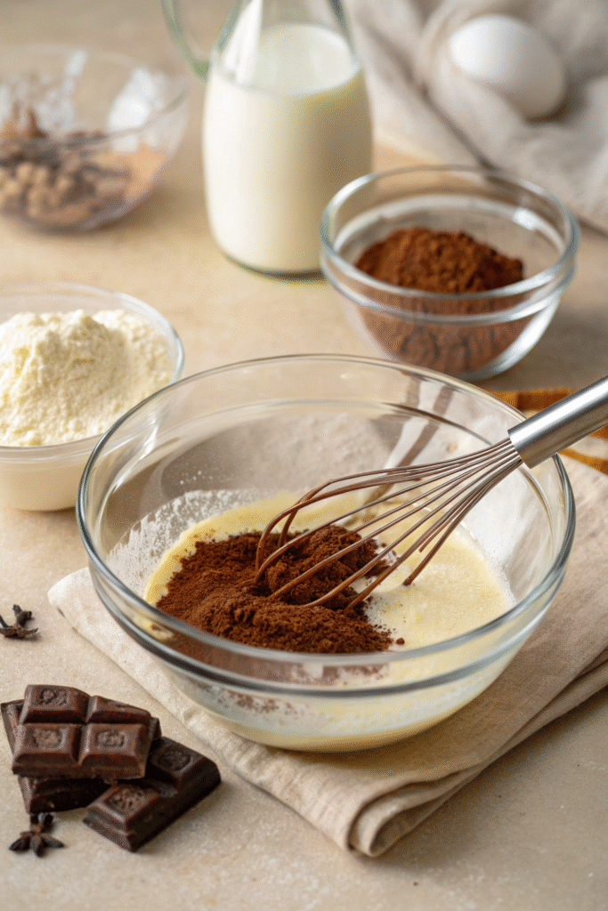 Cocoa powder being whisked into condensed milk in a glass bowl.
