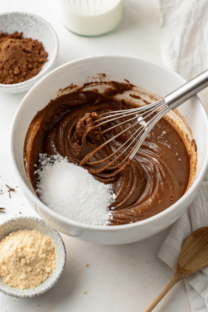 Whisk mixing chocolate dessert batter with coconut sugar and almond flour in a white bowl