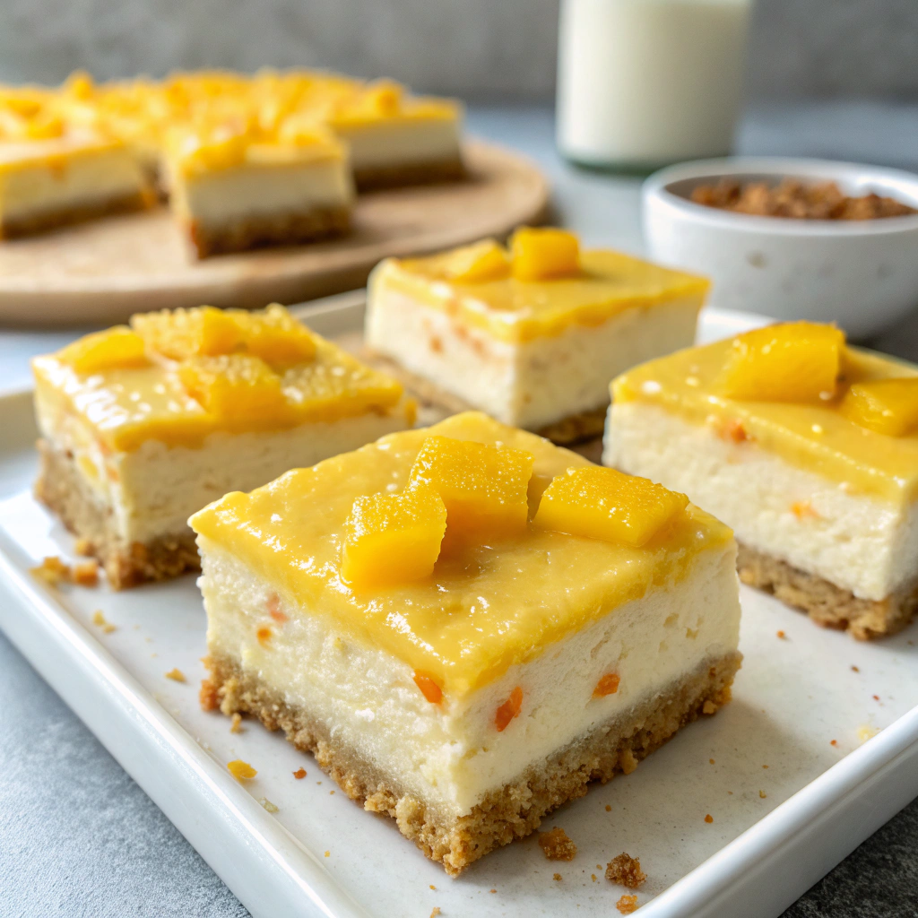 Close-up of mango cheesecake bars topped with mango cubes on a white serving plate