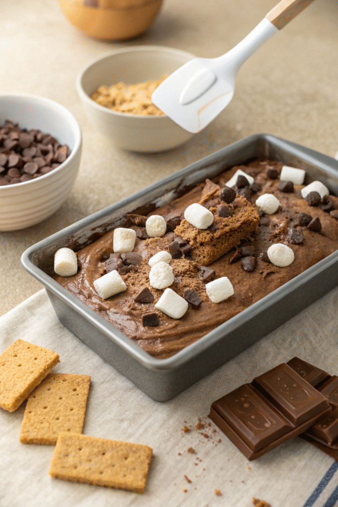 Chocolate mixture with marshmallows and chocolate chunks spread in a loaf pan, topped with graham cracker pieces, ready to freeze.
