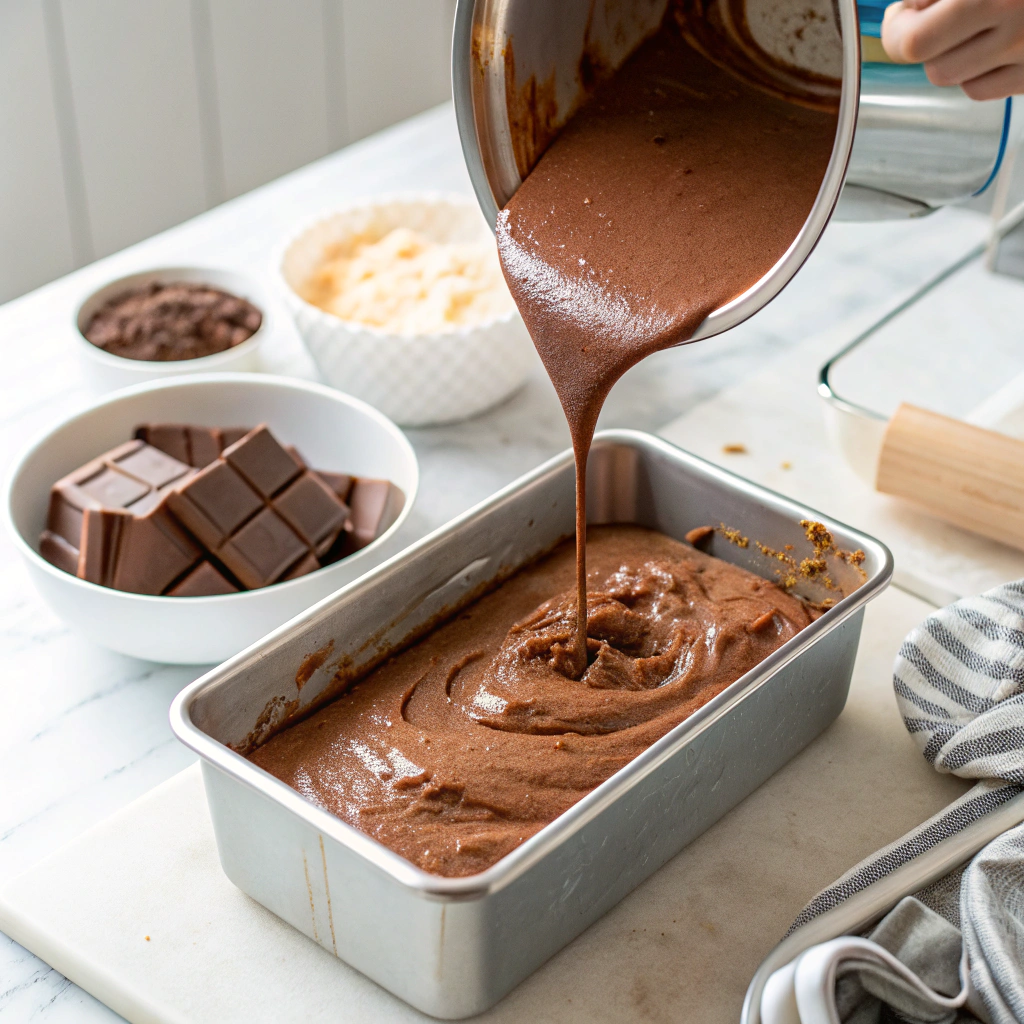 Creamy chocolate ice cream mixture being poured into a metal container before freezing