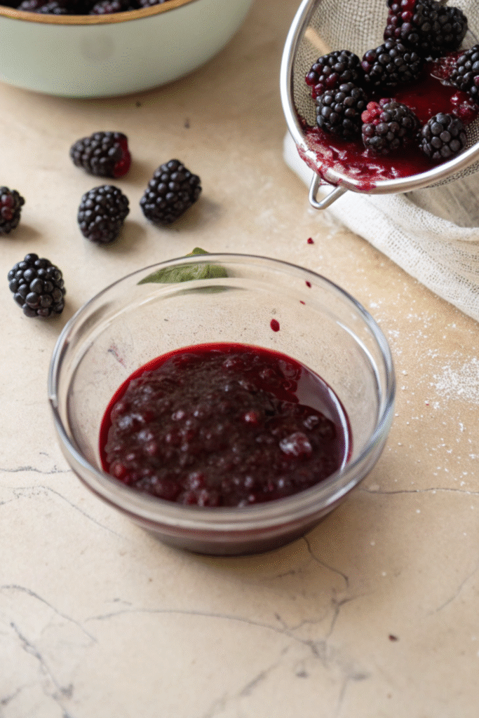 Fresh blackberries being strained into a bowl of puree.