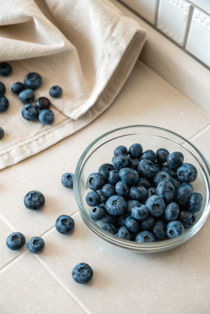 Fresh blueberries in a glass bowl with some scattered on a tiled countertop.