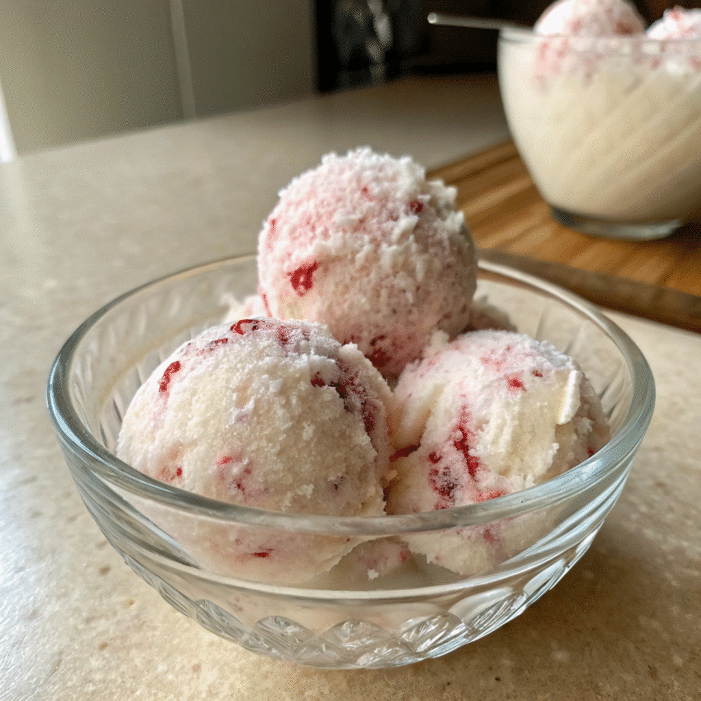 Creamy coconut ice cream with fresh raspberry swirls in a glass bowl.