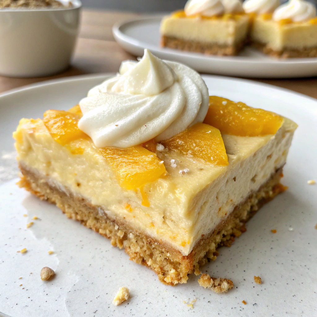 Raw mango cheesecake bar topped with smooth agave cream
