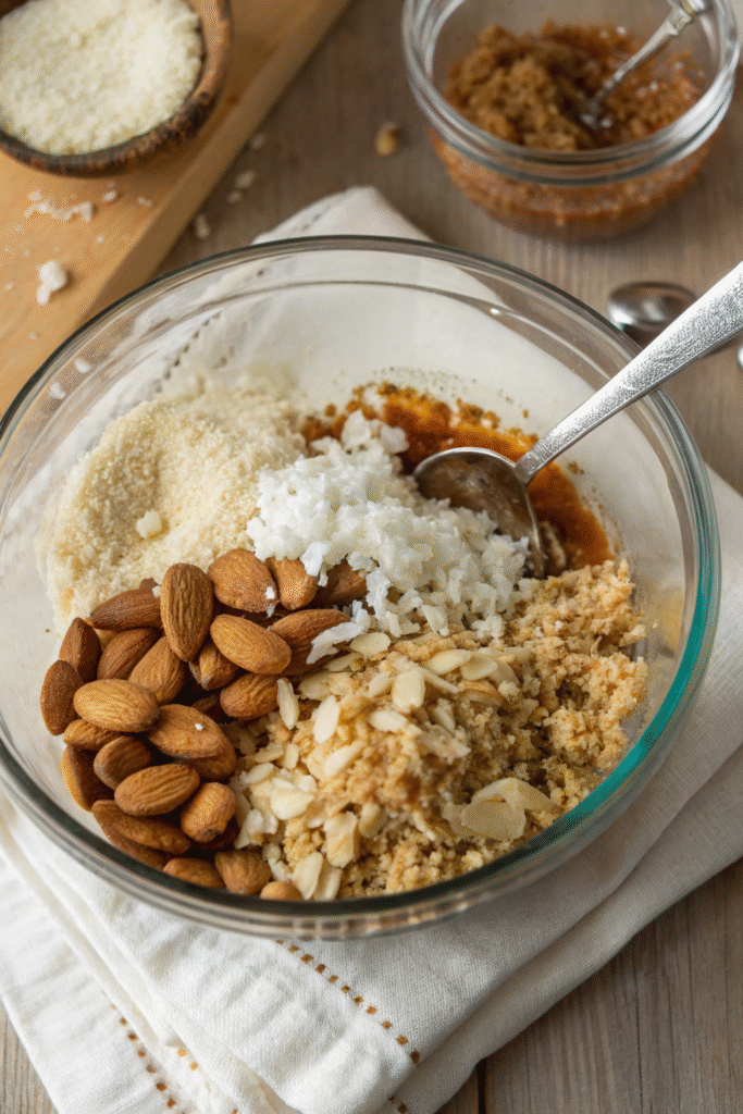 Raw mango cheesecake crust being prepared in mixing bowl