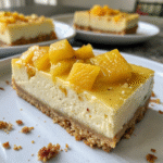 Raw mango cheesecake slice on plate with fresh mango
