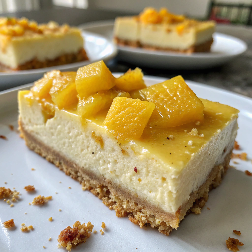 Raw mango cheesecake slice on plate with fresh mango