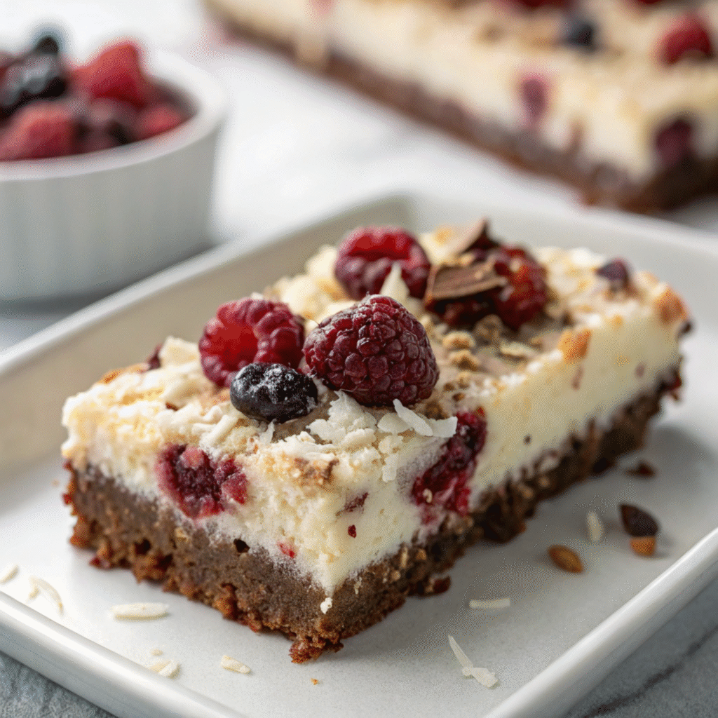 Rocky road ice cream cake topped with fresh berries and coconut flakes.