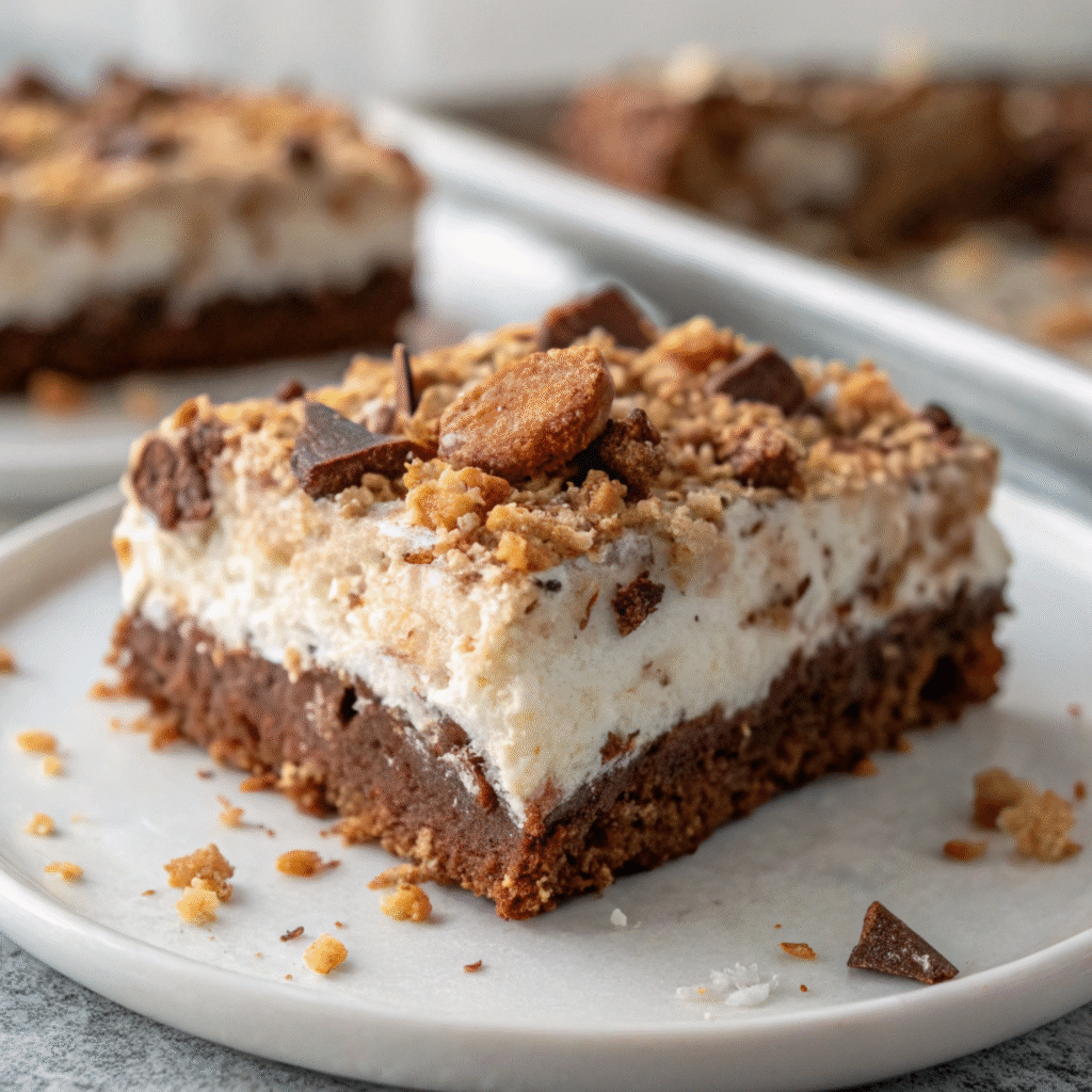 A slice of classic rocky road ice cream cake with crumb topping on a white plate.