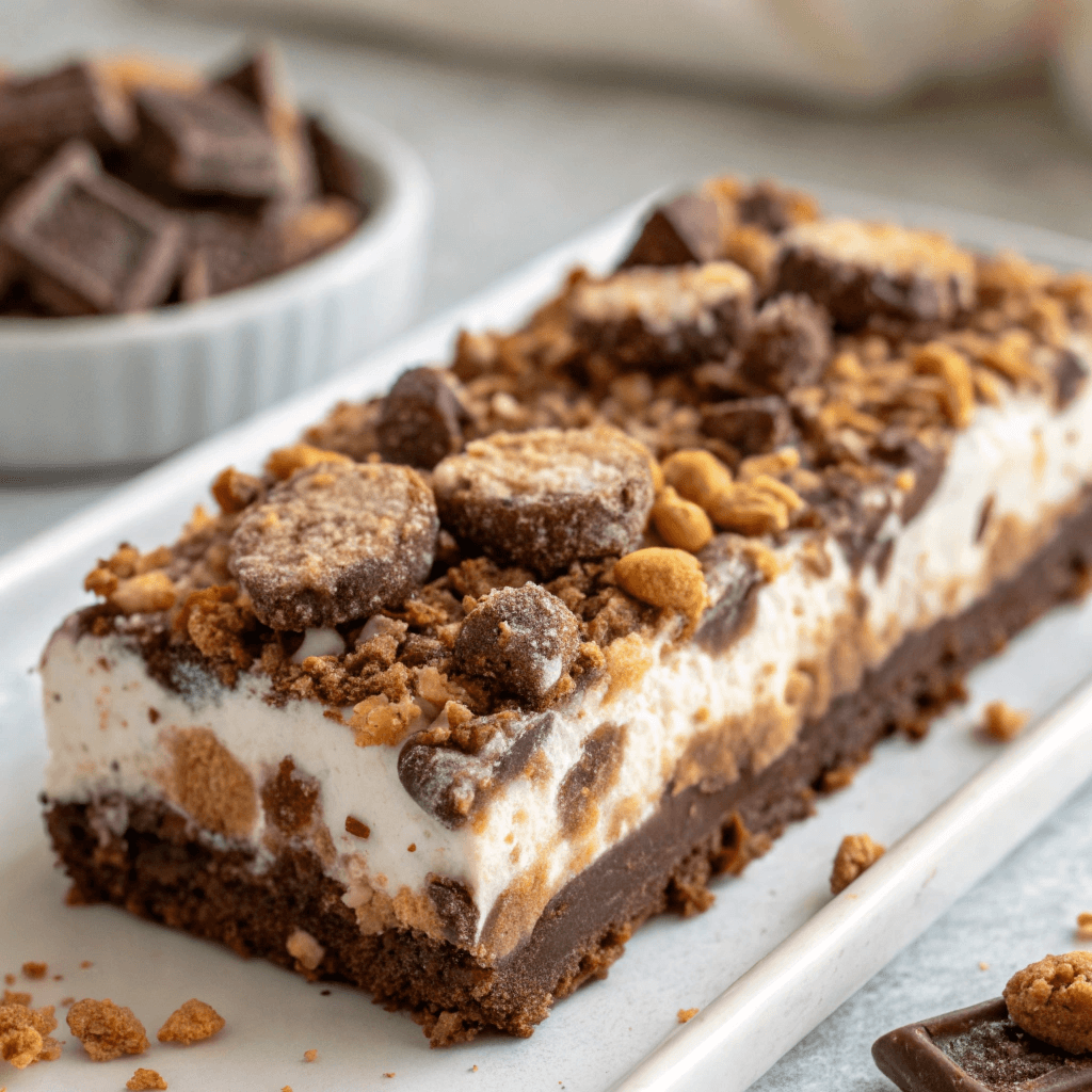 Close-up of a rocky road ice cream cake topped with crushed cookies and nuts.