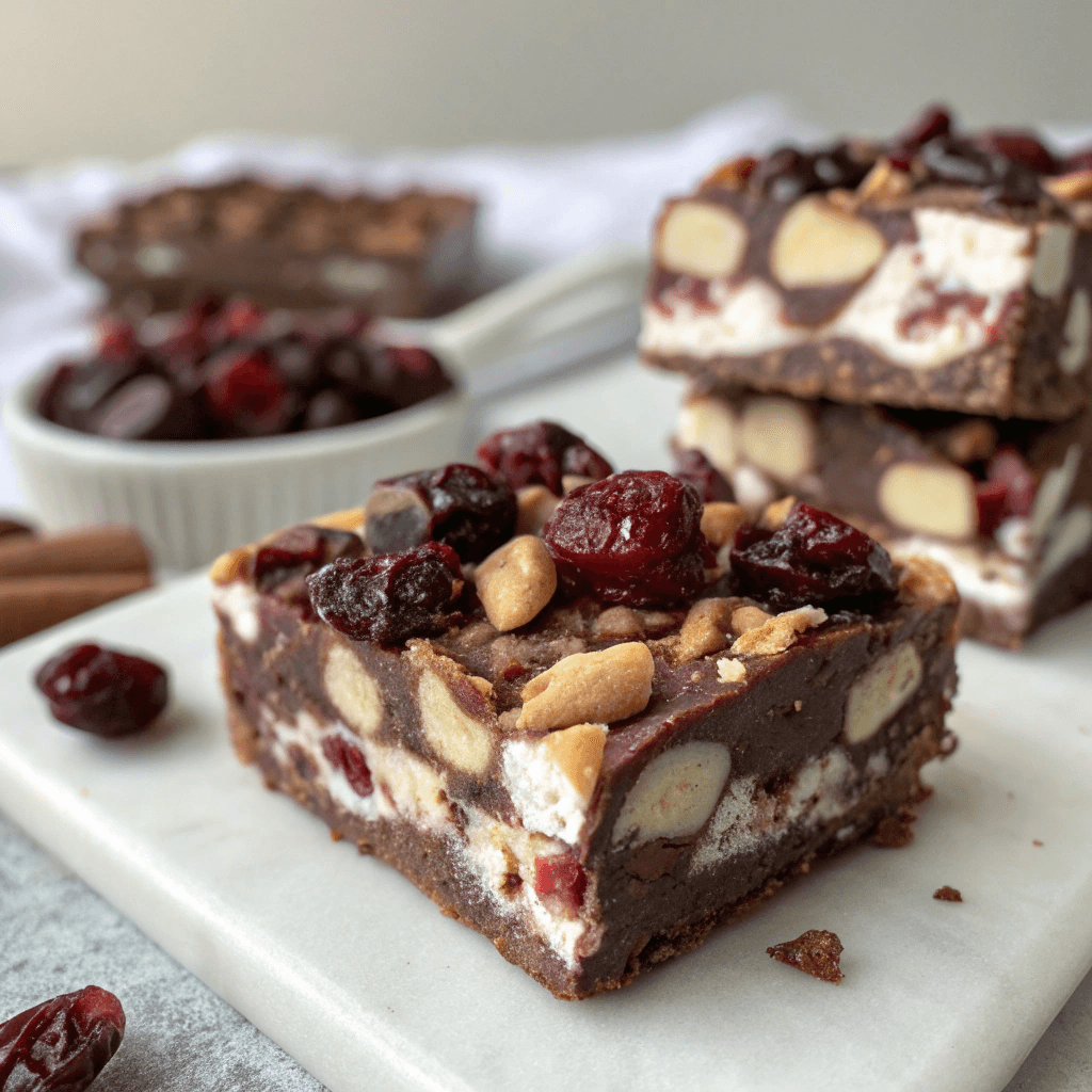 Rocky road ice cream cake slice topped with cranberries and peanuts on a marble board.
