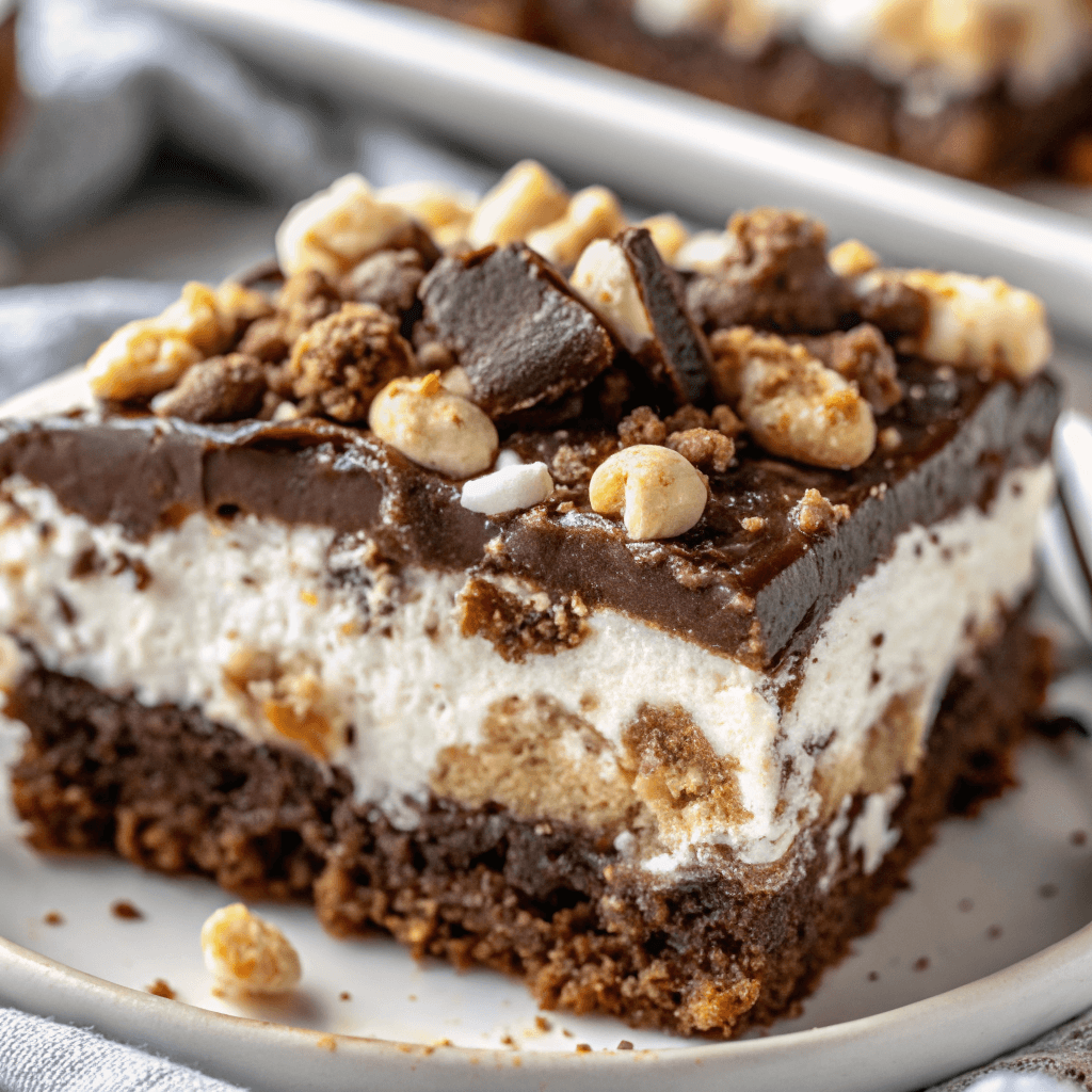 Rocky Road Ice Cream Cake slice with marshmallows and nuts IMG